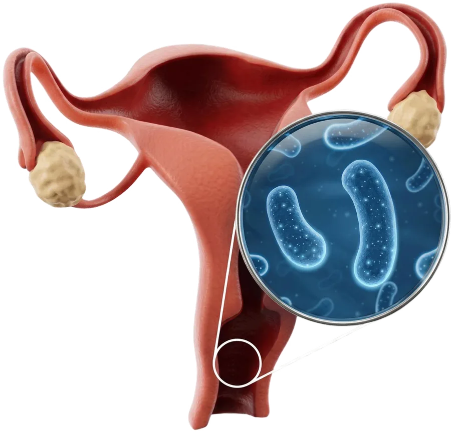Microbiota vaginal em detalhe, com ampliação dos microrganismos
